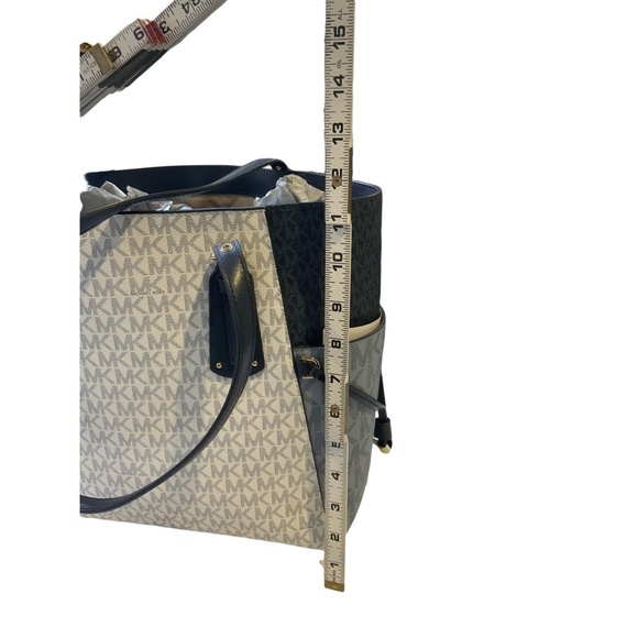 Michael Kors Blue Leather Logo Print Tote Handbag Dual Handles Sz 11x11 Luxe Bag - Picture 14 of 14